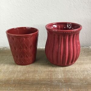 Planter bundle - two dark red planters one hobnail other geometric diamond pot